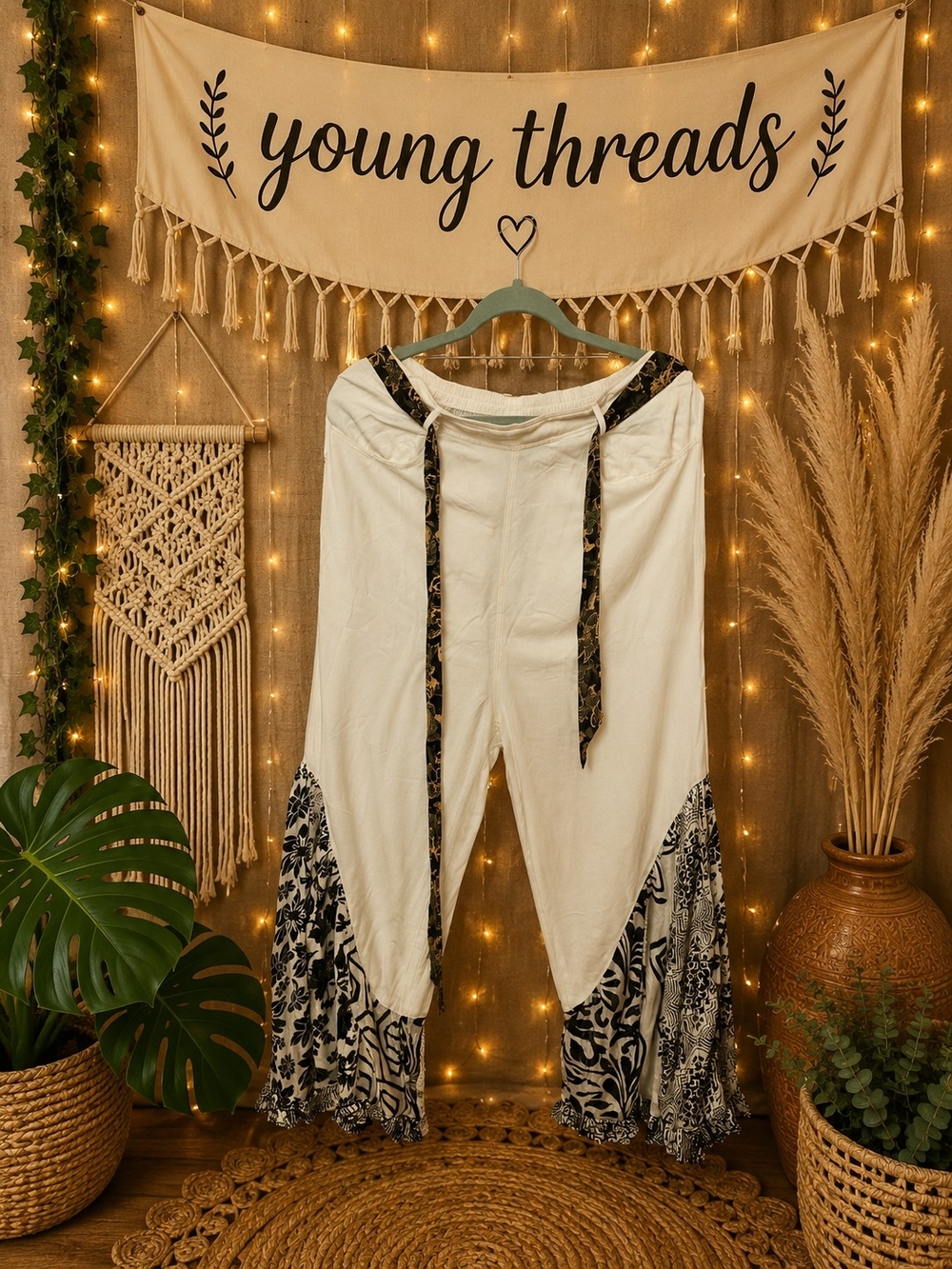 Young Threads Cream & Black Boho Wide-Leg Flare Pants